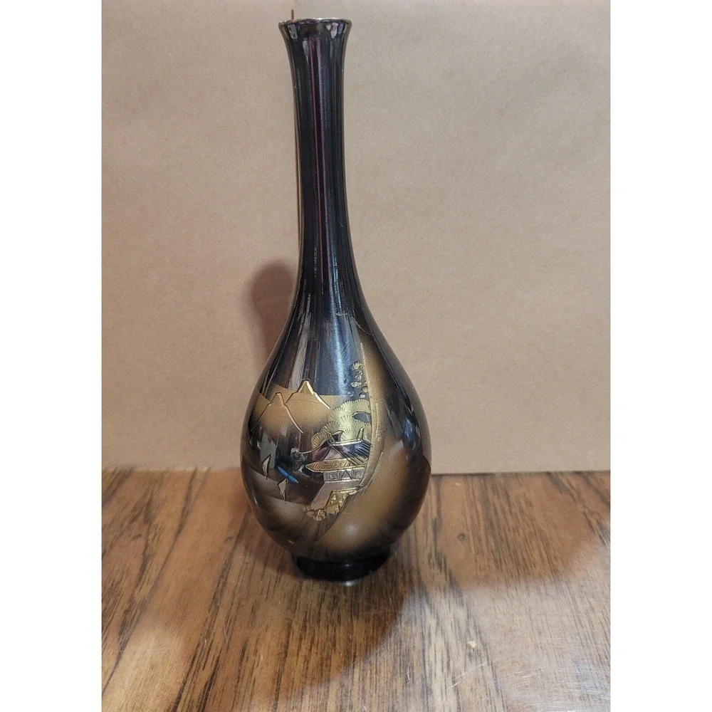 Vintage Metal Bud Vase with Mountain Design Etetched Fine Arts Japan
